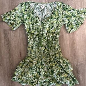 aerie Green Floral Smocked Waist dress with Tassel Tie